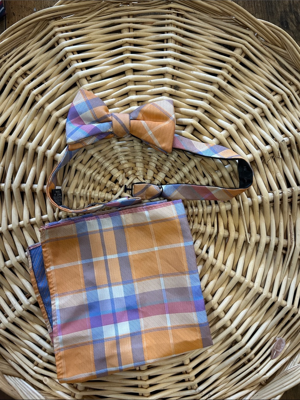 Izod Orange Multi Plaid Bow Tie and Pocket Square Set